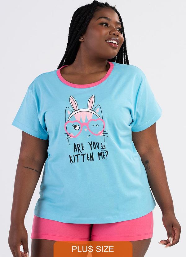 Be Blast - Pijama Verão Plus Size de Algodão Kitten Me Azul