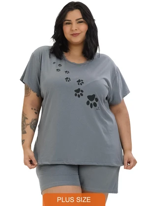 Be Blast - Pijama Verão Plus Size de Algodão Patinhas Cinza - BE BLAST