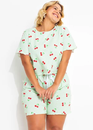 Marguerite - Pijama Xadrez com Cereja em Malha de Algodão - MARGUERITE