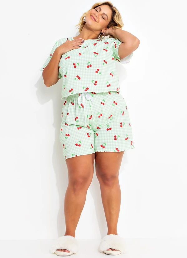 Marguerite - Pijama Xadrez com Cereja em Malha de Algodão 3