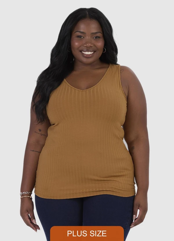 Malwee - Blusa Canelada Decote V Plus Marrom