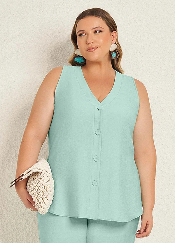 Lisamour - Blusa com Botões Decote V Azul