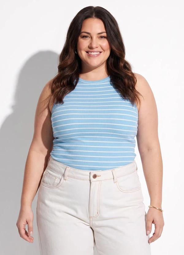Marguerite - Blusa Listrado Azul Claro em Malha Canelada