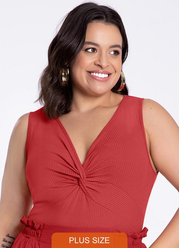 Lunender Mais Mulher - Blusa Plus Size Canelada Torção Decote Vermelho