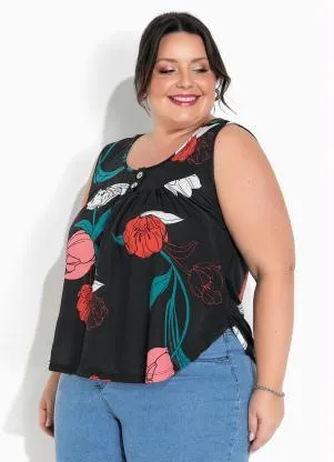 Marguerite - Regata Floral Preta com Franzido Plus Size - MARGUERITE