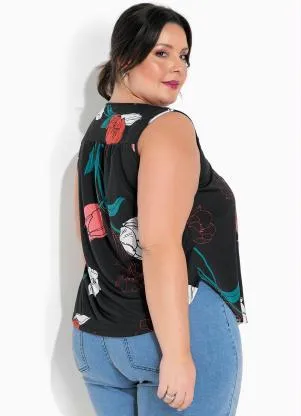 Marguerite - Regata Floral Preta com Franzido Plus Size - MARGUERITE