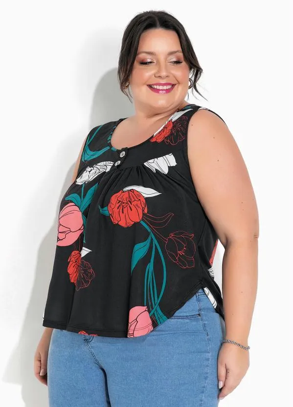 Regata Floral Preta com Franzido Plus Size Marguerite