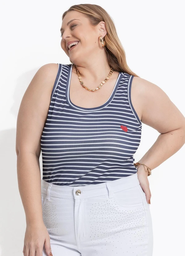 Marguerite - Regata Listrado Azul Canelada com Bordado