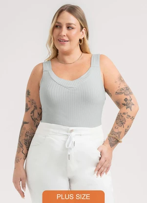 Habana - Regata Plus Size em Canelado Cinza - HABANA