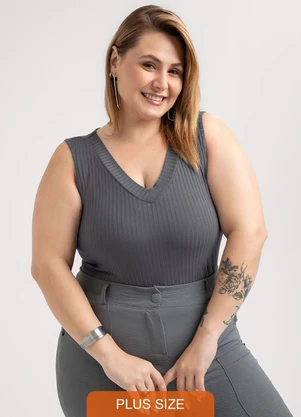 Habana - Regata Plus Size em Canelado Cinza - HABANA