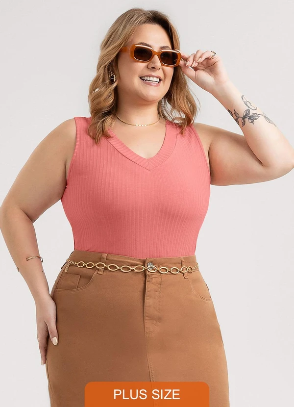 Habana - Regata Plus Size em Canelado Rosa