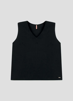 Cereja Rosa - Regata Plus Size em Viscose Decote V Preto - CEREJA ROSA