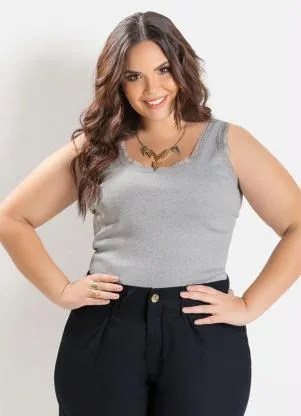 Marguerite - Regata Renda no Decote Mescla Plus Size - MARGUERITE