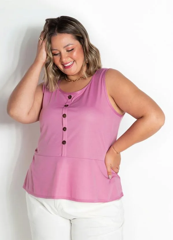 Marguerite - Regata Rosa com Peplum e Botões Plus Size