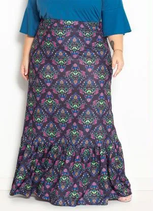 Marguerite - Saia Floral Preta com Babado na Barra Plus Size - MARGUERITE