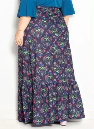 Marguerite - Saia Floral Preta com Babado na Barra Plus Size - MARGUERITE