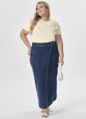 Lisamour - Saia Jeans Longa Transpassada Azul - LISAMOUR
