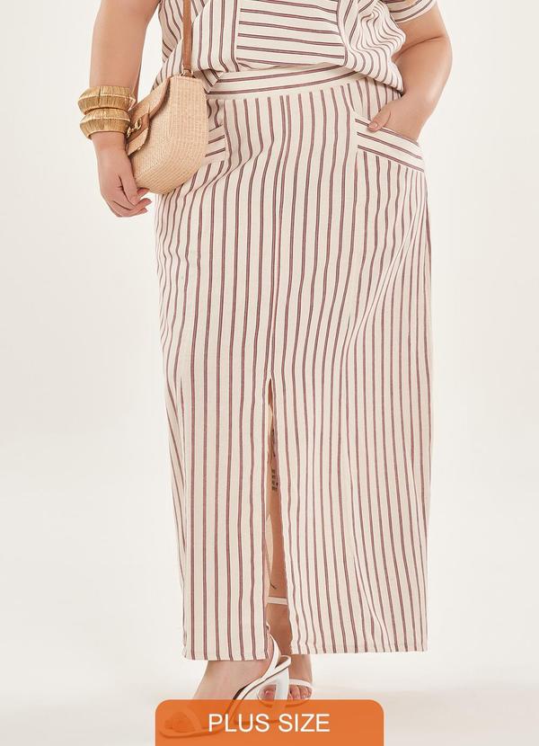 Lisamour - Saia Midi Listrada com Fenda Frontal Bege 3