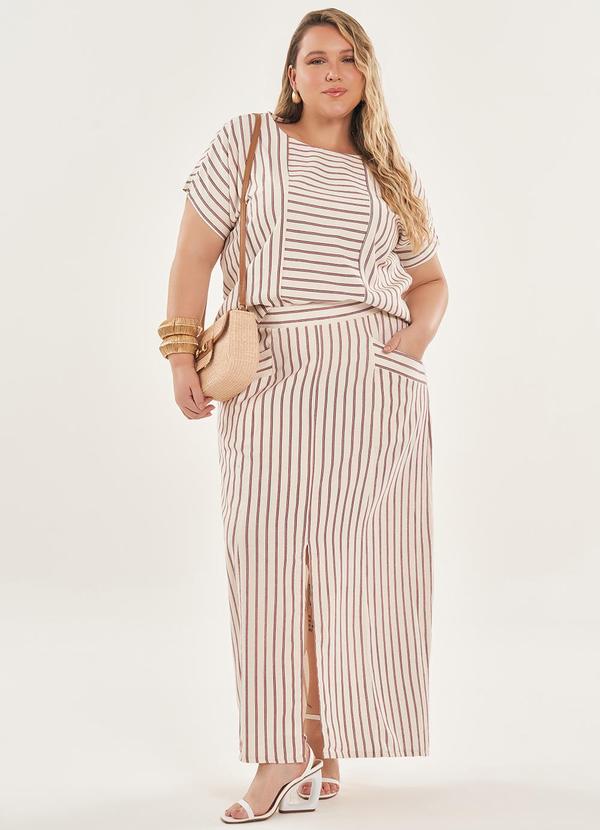 Lisamour - Saia Midi Listrada com Fenda Frontal Bege 2