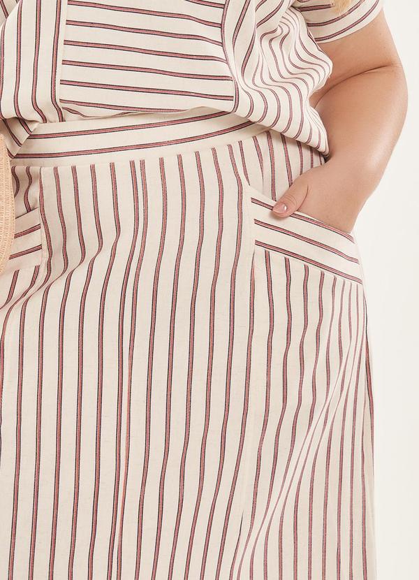 Lisamour - Saia Midi Listrada com Fenda Frontal Bege 1