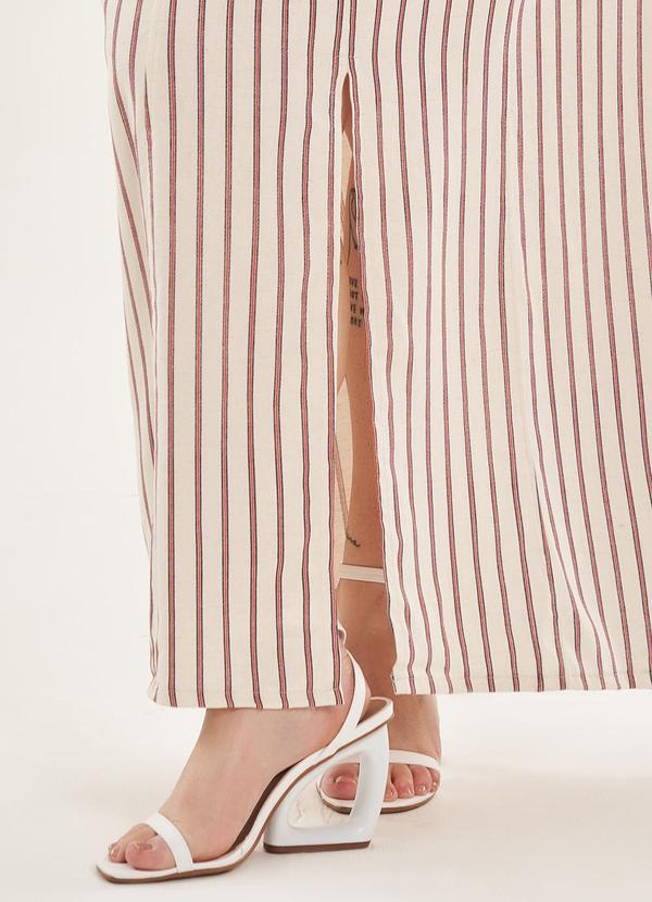 Lisamour - Saia Midi Listrada com Fenda Frontal Bege 4