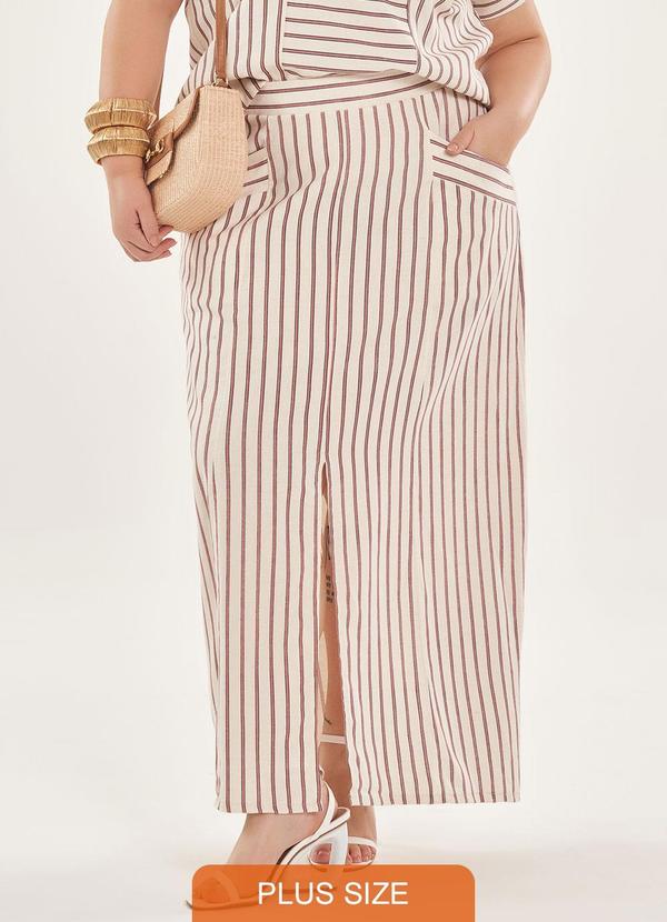 Lisamour - Saia Midi Listrada com Fenda Frontal Marrom 2