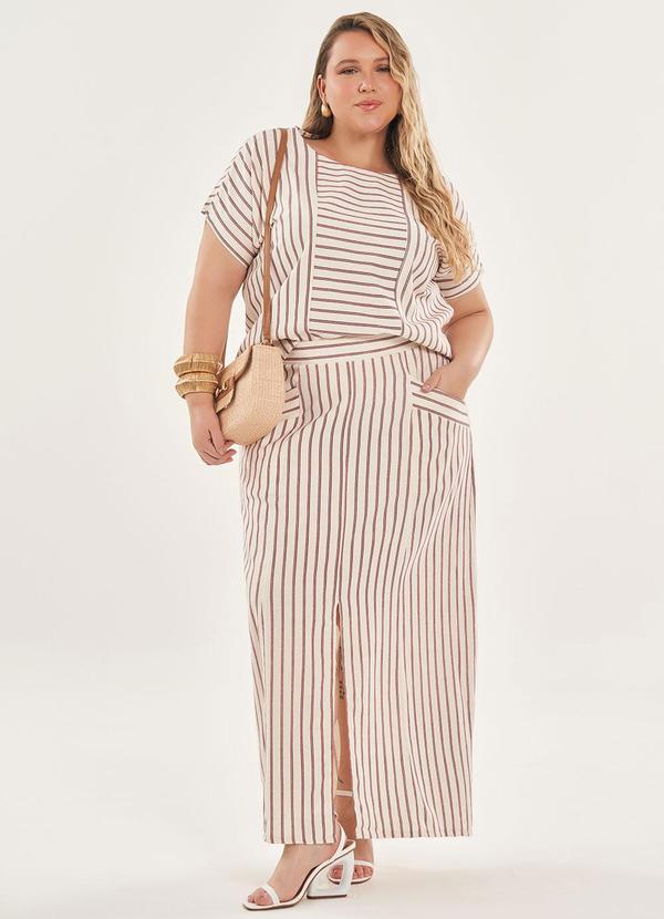 Lisamour - Saia Midi Listrada com Fenda Frontal Marrom 1