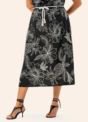 Secret Glam - Saia Feminina Plus Midi com Cinto  Preto - SECRET GLAM