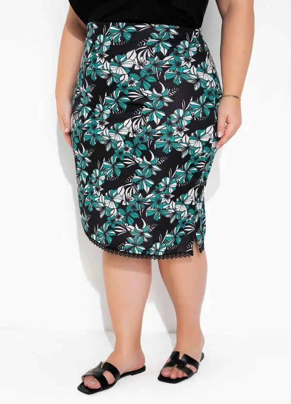 Marguerite - Saia Floral Assimétrica com Fenda Plus Size