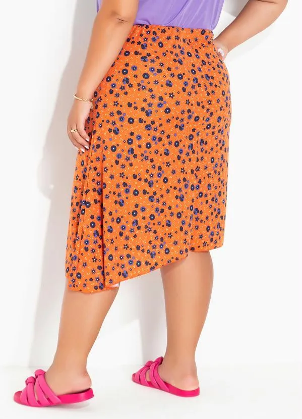 Marguerite - Saia Floral Laranja Assimétrica Plus Size 3