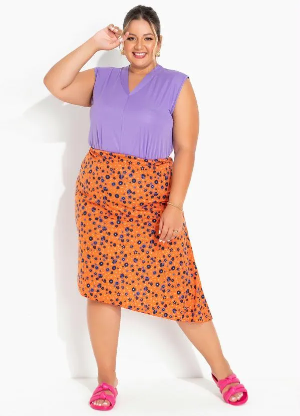 Marguerite - Saia Floral Laranja Assimétrica Plus Size 2