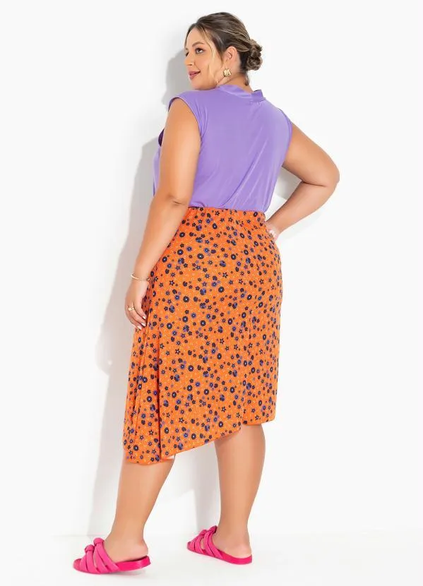 Marguerite - Saia Floral Laranja Assimétrica Plus Size 1