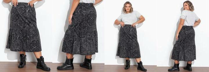 Saia Floral Preta com Babado e Fenda Plus Size