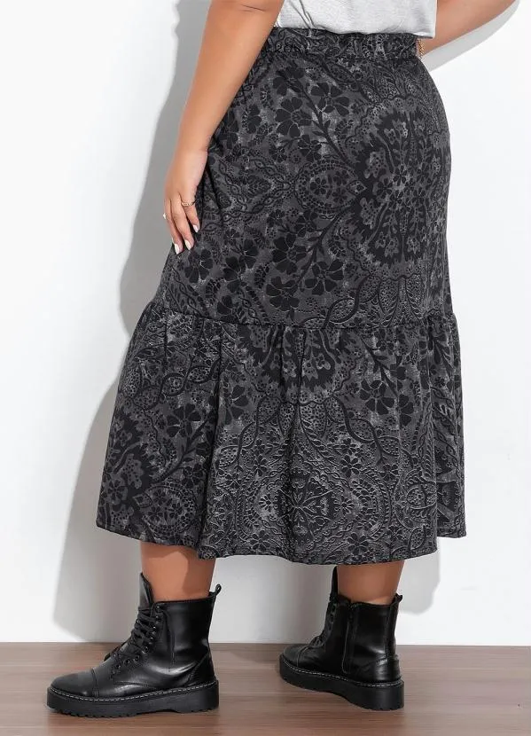 Marguerite - Saia Floral Preta com Babado e Fenda Plus Size 2