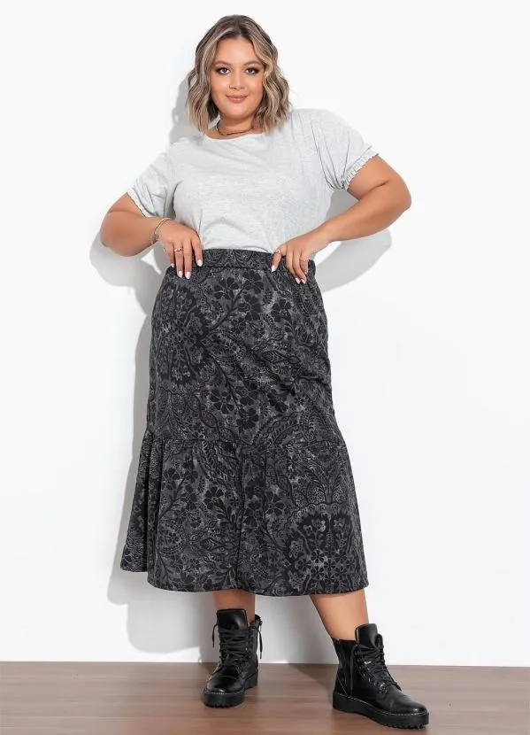Marguerite - Saia Floral Preta com Babado e Fenda Plus Size 3