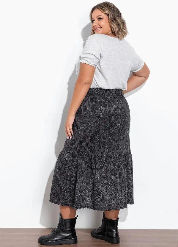Marguerite - Saia Floral Preta com Babado e Fenda Plus Size 4