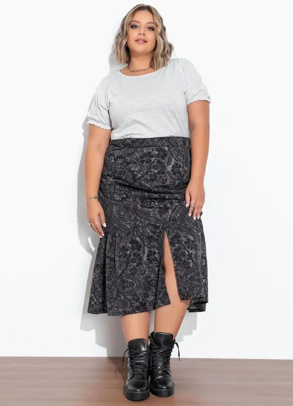 Marguerite - Saia Floral Preta com Babado e Fenda Plus Size 5
