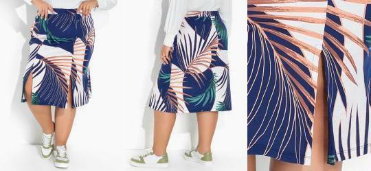 Saia Folhas Azul com Fendas na Barra Plus Size