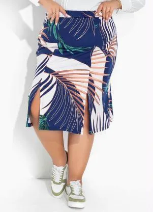 Marguerite - Saia Folhas Azul com Fendas na Barra Plus Size - MARGUERITE