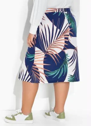Marguerite - Saia Folhas Azul com Fendas na Barra Plus Size - MARGUERITE