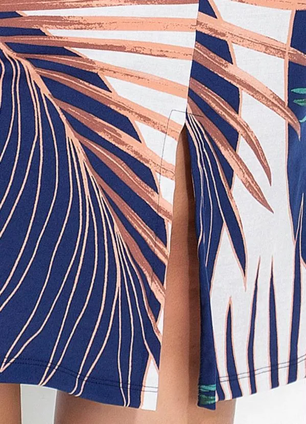 Marguerite - Saia Folhas Azul com Fendas na Barra Plus Size