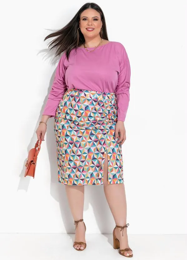 Marguerite - Saia Geométrico Laranja em Jersey Acetinado 3