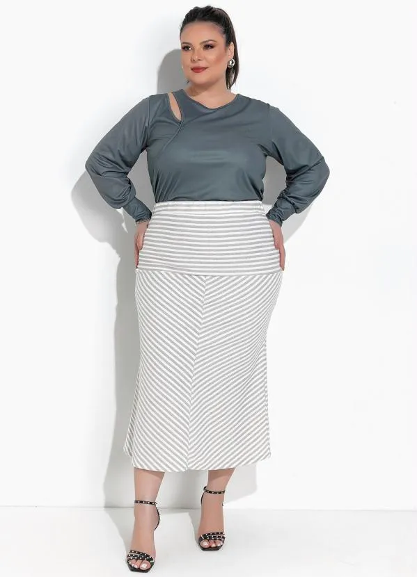 Marguerite - Saia Listra Creme em Moletinho Eco Listrado com 2