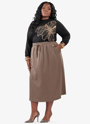 Secret Glam - Saia Midi com Bolso Plus Size Marrom - SECRET GLAM