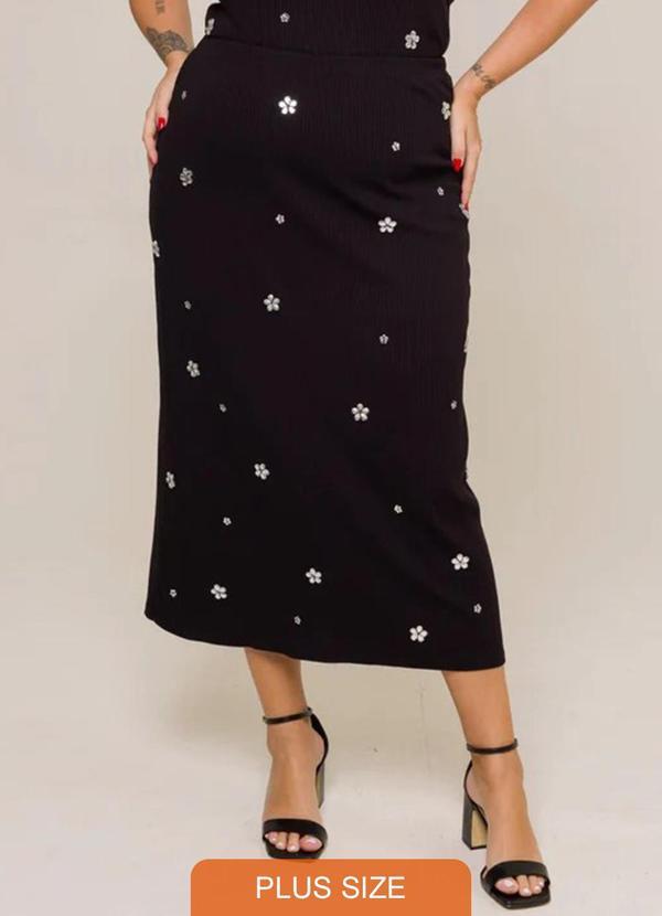 Cess - Saia Midi com Fenda e Bordado Flores Preto 4