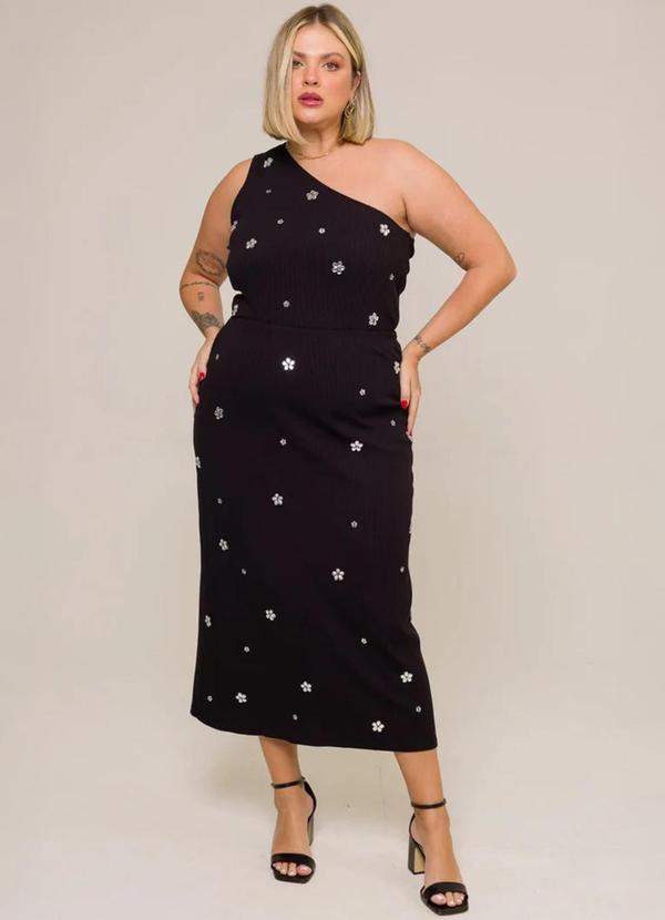 Cess - Saia Midi com Fenda e Bordado Flores Preto 2