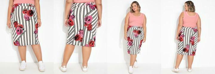 Saia Midi com Fenda Floral Branca Plus Size