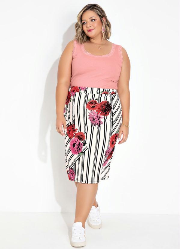 Outlet - Saia Midi com Fenda Floral Branca Plus Size 3