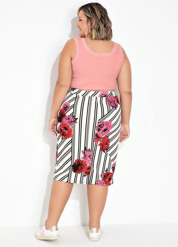 Outlet - Saia Midi com Fenda Floral Branca Plus Size 4