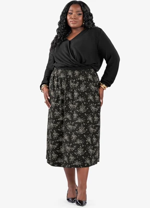 Secret Glam - Saia Midi Estampada Plus Size Preto - SECRET GLAM